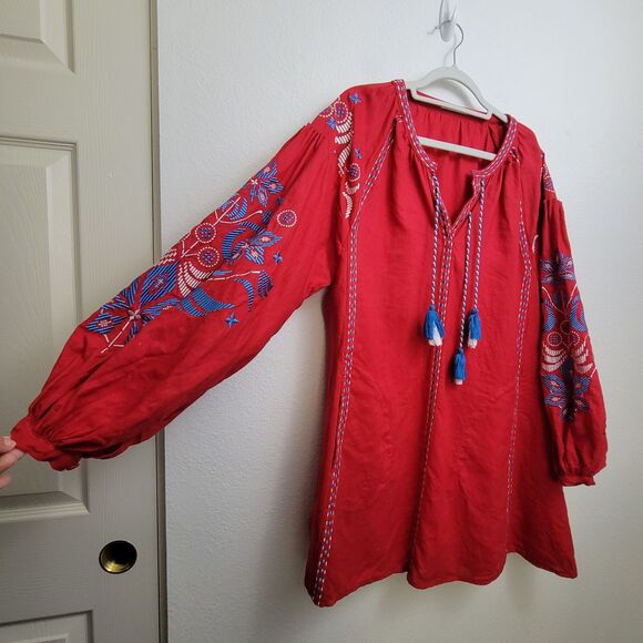 Aurie L'Atelier Red Embroidered Dress W/Missing String + Tassel No Size/Fabric - Picture 11 of 11